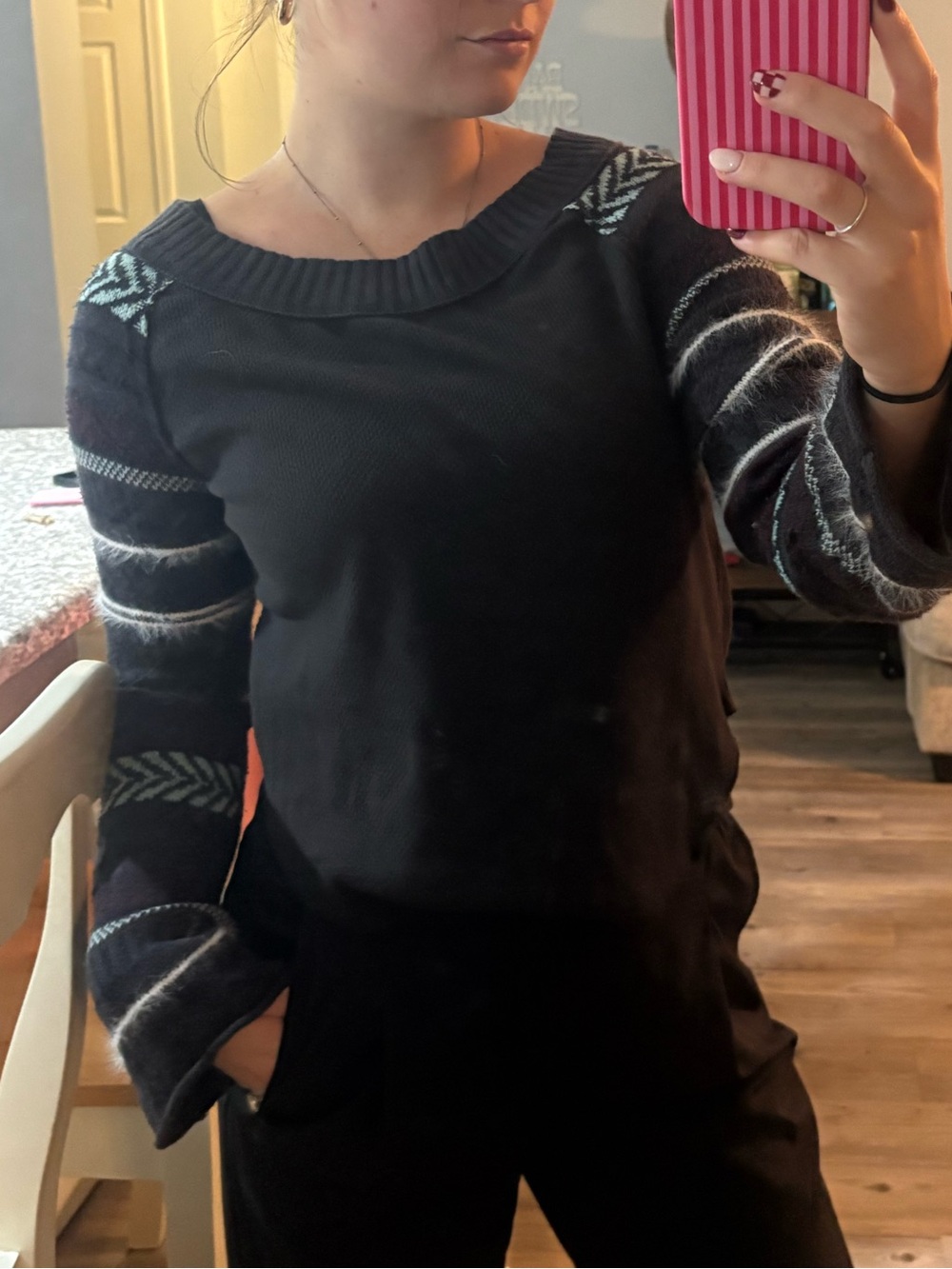 Free People Black Crewneck Sweater with Patterned Long Sleeves